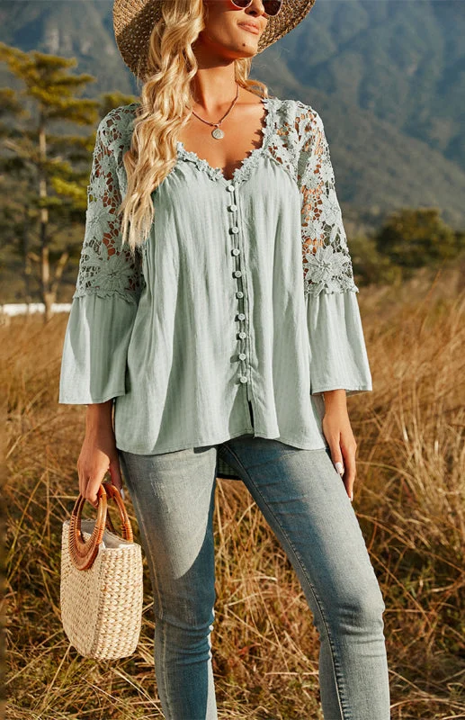 Summer Blouse - Guipure Lace Top with 3/4 Sleeves