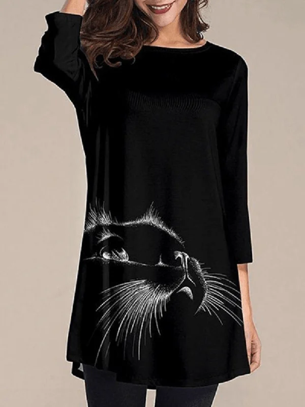 Women Cat Print round Neck 3/4 Sleeve Casual Black Blouses