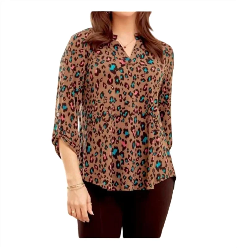 Lizzy Fun 3/4 Sleeve Top In Mocha Leopard