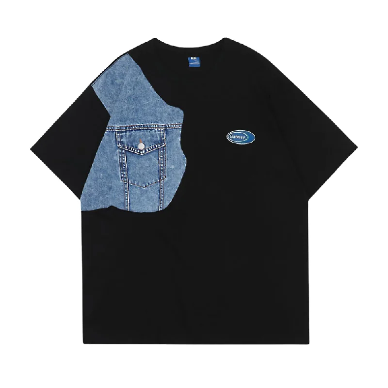 Zippered T-ShirtsJapanese Denim Spliced T-shirt