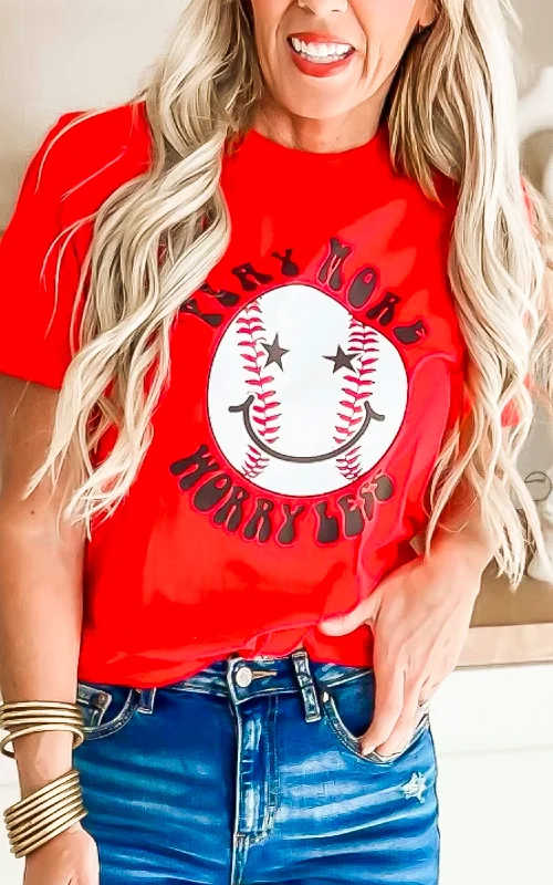 Crewneck T-ShirtsRed Play More Worry Less Baseball Graphic T-shirt*