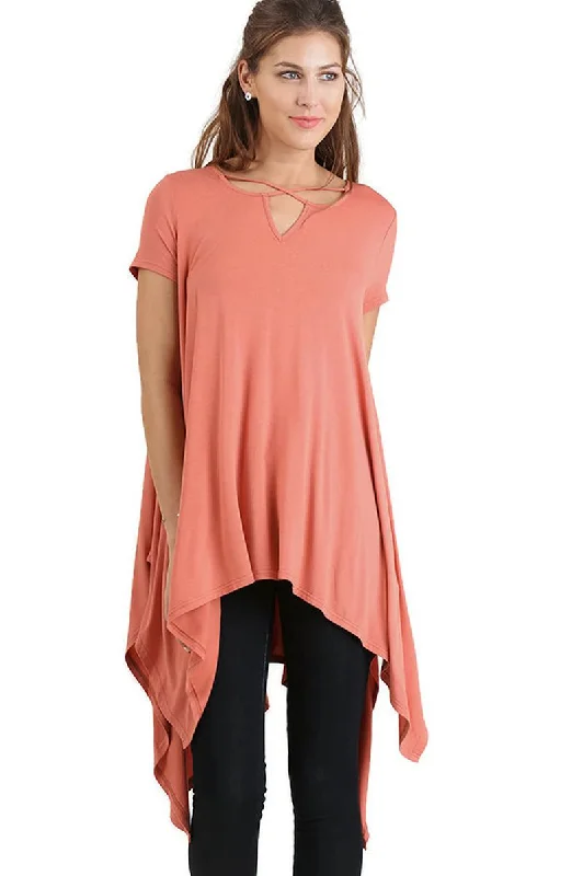 Mesh Short Sleeve TopsHandkerchief Hem Short Sleeve Tunic Top, Clay