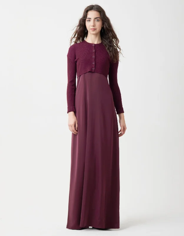 Lined Satin Sleeveless Maxi Crew Dress Shabbos Robe With Ribbed Cardi Wine