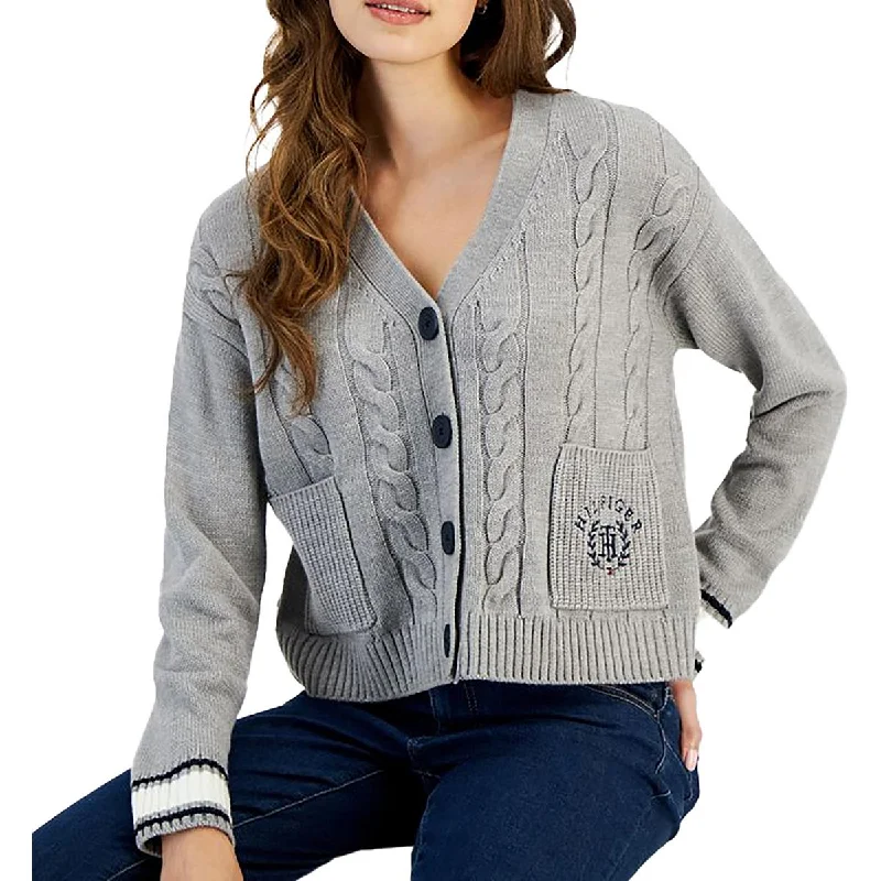 Embroidered cardiganVarsity Womens Pocket Cable Knit Cardigan Sweater