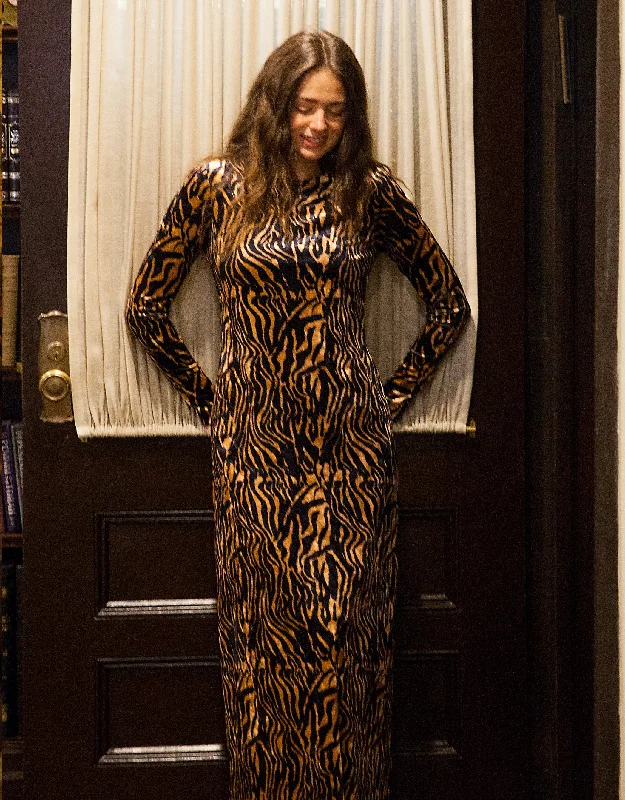 JackieO Velvet Tiger Print Maxi Dress Shabbos Robe Black Brown