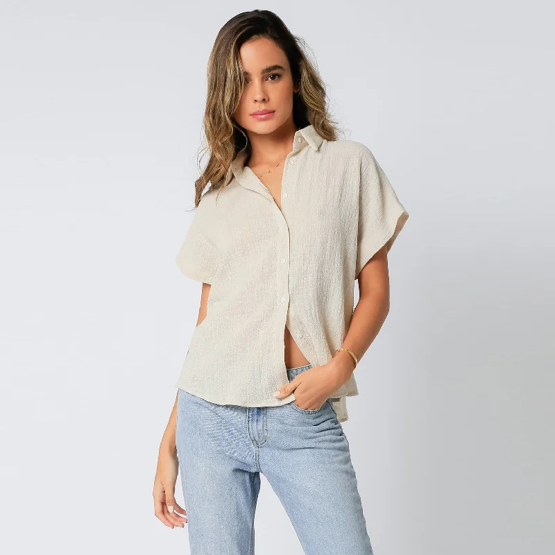 Silk Short Sleeve TopsShort Sleeve Button Up Linen Top (Malibu)