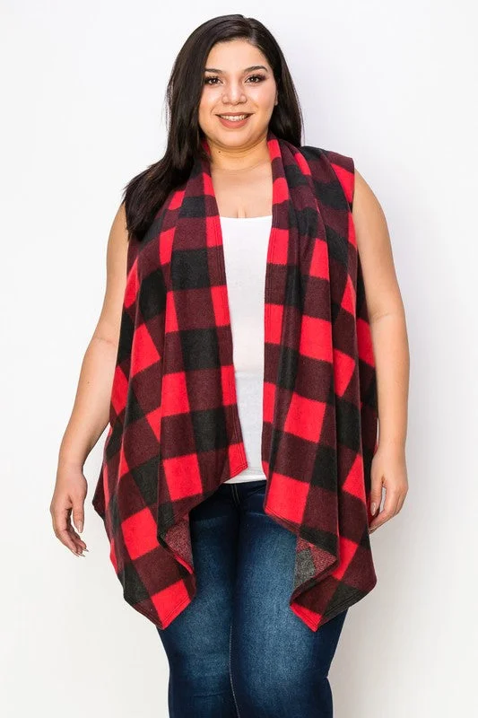 Hooded cardiganRed & Black Plaid Open Front Vest Cardigan