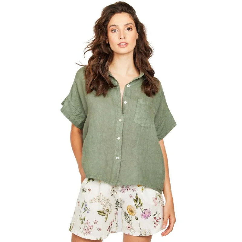 French Terry Short Sleeve TopsShort Sleeve Linen Blouse (Mediterranean Olive)