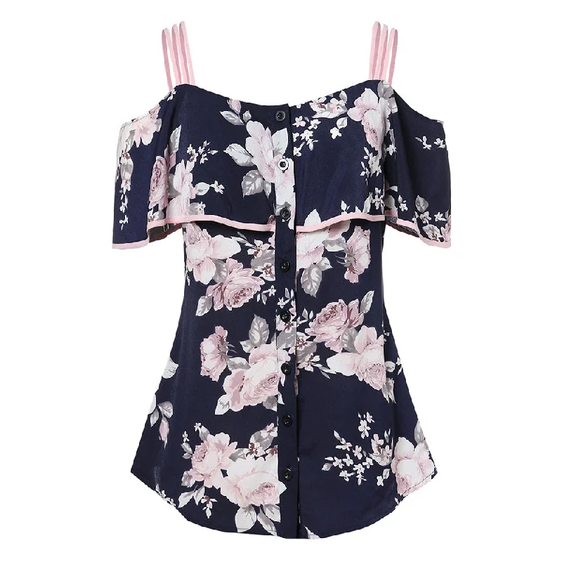 Travel Short Sleeve TopsPlus Size Cold Shoulder Floral Print Blouse Flounce Spaghetti Strap Casual Women Tops Short Sleeve Summer Tees 2019