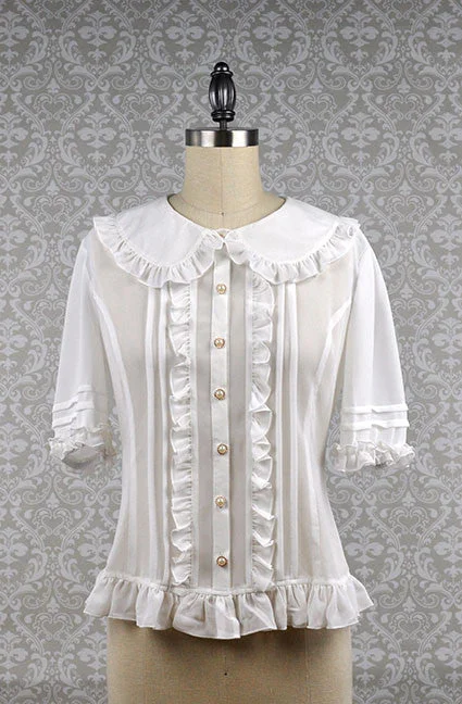 Blended Fabric Short Sleeve TopsPeter Pan Collar Short Sleeve Blouse in White