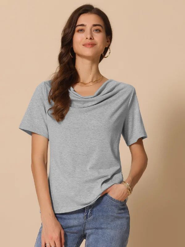 Colorblock Short Sleeve TopsCowl Neck Short Sleeve Casual Stretchy Blouse