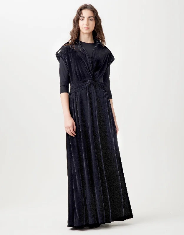 Velvet Twist Waist Sleeveless Maxi Dress Shabbos Robe with Shoulder Epaulettes Black