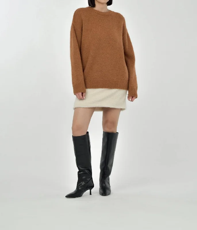 Goldie Crew Neck Sweater In BrownEmbroidered Knit Tops