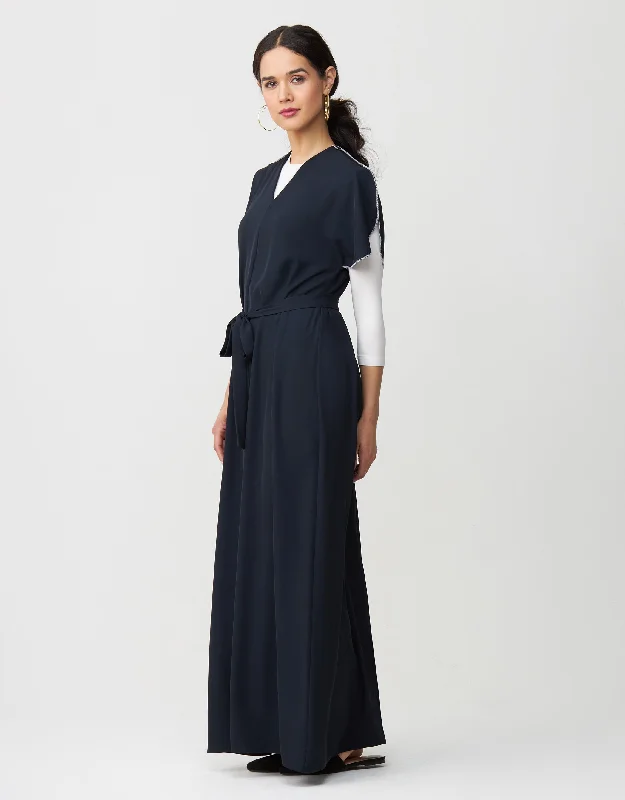 Contrast Stitched Petal Sleeve Maxi Dress Shabbos Jumper with Tie Belt Navy