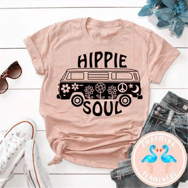 V-Neck Short Sleeve TopsTrending Hippie Soul Women T Shirt - Short Sleeve Oversized Print O-Neck T Shirt - Casual Ladies Tops (TB2)