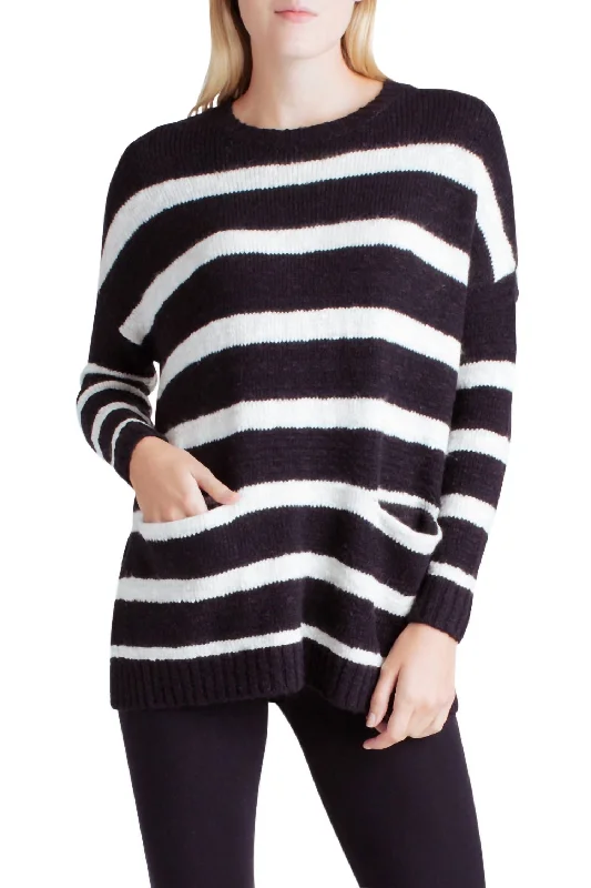 Striped Variegated Cotton Blend Long Sleeve Sweater With Pockets In BlackCashmere Knit Tops