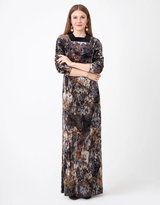 Crushed Velvet Square Neck Maxi Dress Shabbos Robe Watercolor Brown