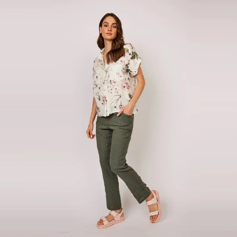 Slim Fit Short Sleeve TopsShort Sleeve Double Pocket Linen Blouse (Pink Floral Print)