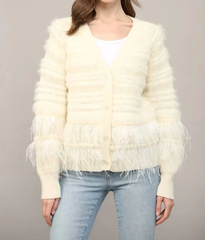 Petite cardiganFeather Trim Wool Blend Cardigan In Cream