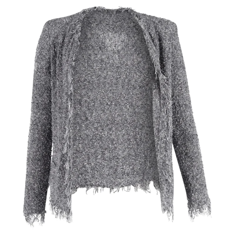 Iro Long Sleeve Open Front Fringe-Trim Tweed Jacket in Grey CottonThermal Knit Tops