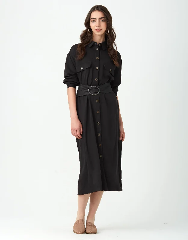 Rayon Button Down Dress with Cargo Pockets Black