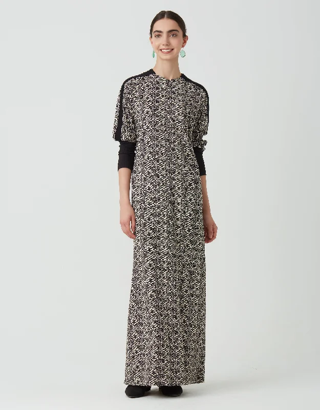 Zip Front Maxi Dress Shabbos Robe with Contrast Sleeve Trim Ivory Green Multi