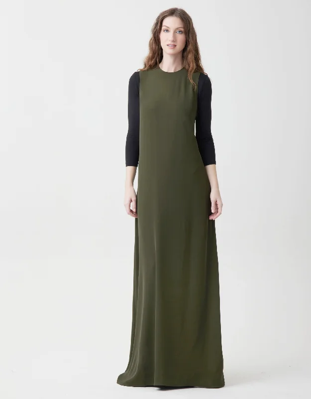 Lined Satin Sleeveless Maxi Crew Dress Shabbos Robe Olive