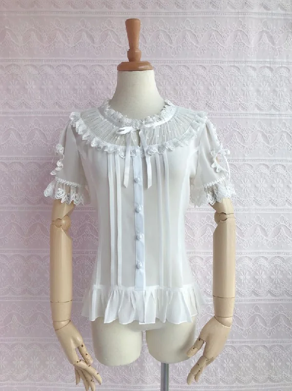 Sheer Short Sleeve TopsInstant Shipping! Ruffled Collar Short Sleeve With Heart Cut Outs Blouse