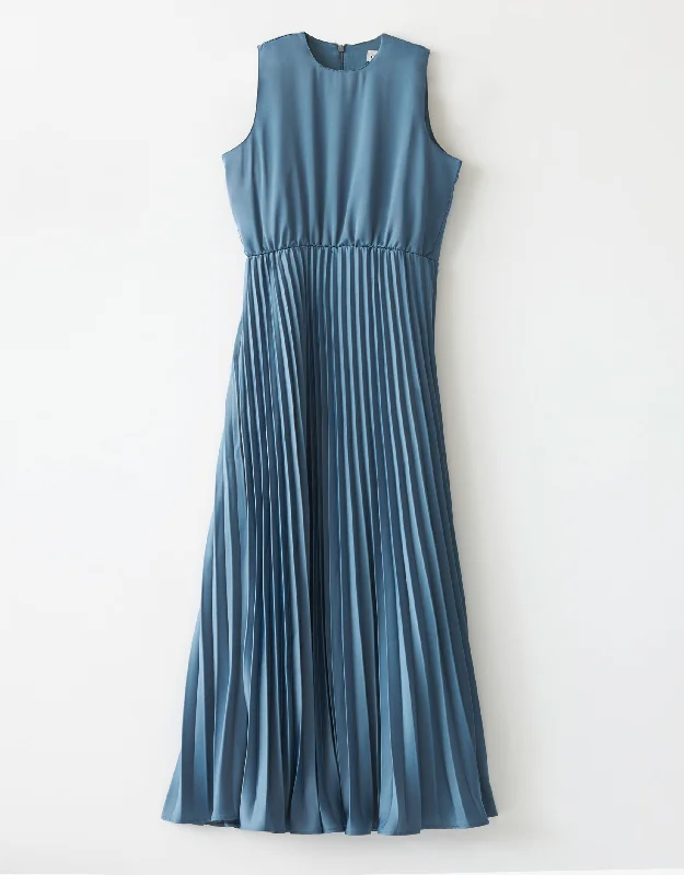 Satin Sleeveless Lined Maxi Dress Shabbos Robe with Accordian Pleats Light Blue