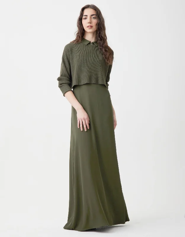 Lined Crepe Sleeveless Maxi Shirt Dress Shabbos Robe With Crop Top Olive