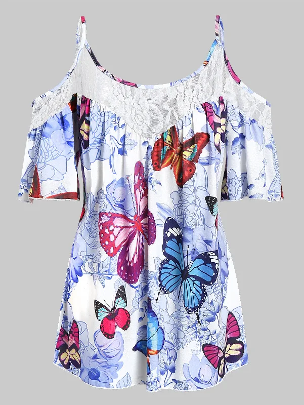 Waterproof Short Sleeve TopsPlus Size Cold Shoulder Butterfly Print Cami Blouse Spaghetti Strap Lace Stitching Short Sleeve Women Sexy Tops