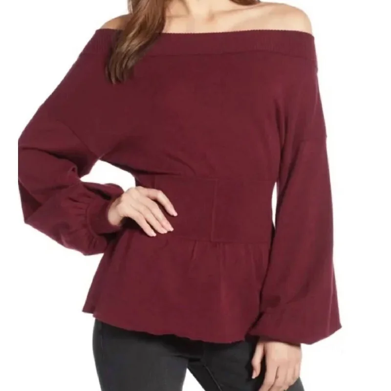 Off The Shoulder Waist Detail Peplum Sweater In BurgundySequined Knit Tops