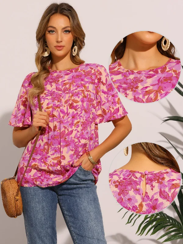 Cropped Short Sleeve TopsFloral Ruffle Short Sleeve Causal Summer Blouse