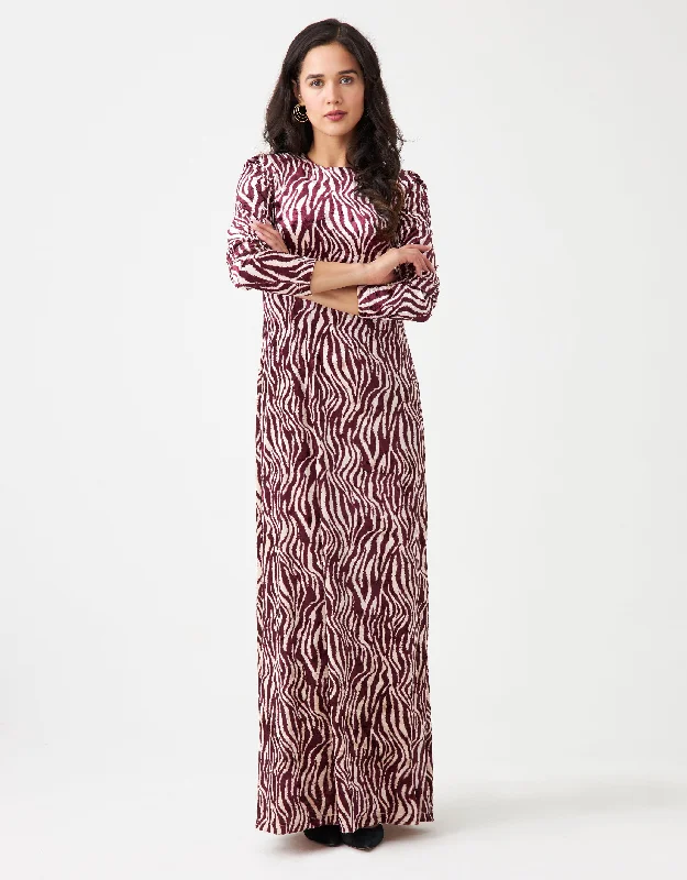 Crushed Velour Maxi Dress Shabbos Robe Cranberry Zebra