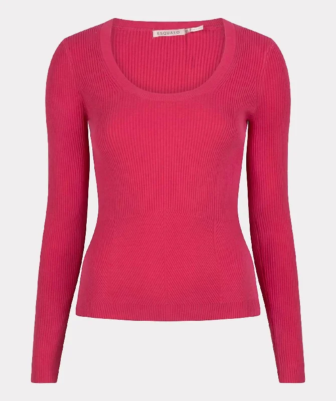 Women's Deep Round Neck Sweater In FuchsiaStudded Knit Tops