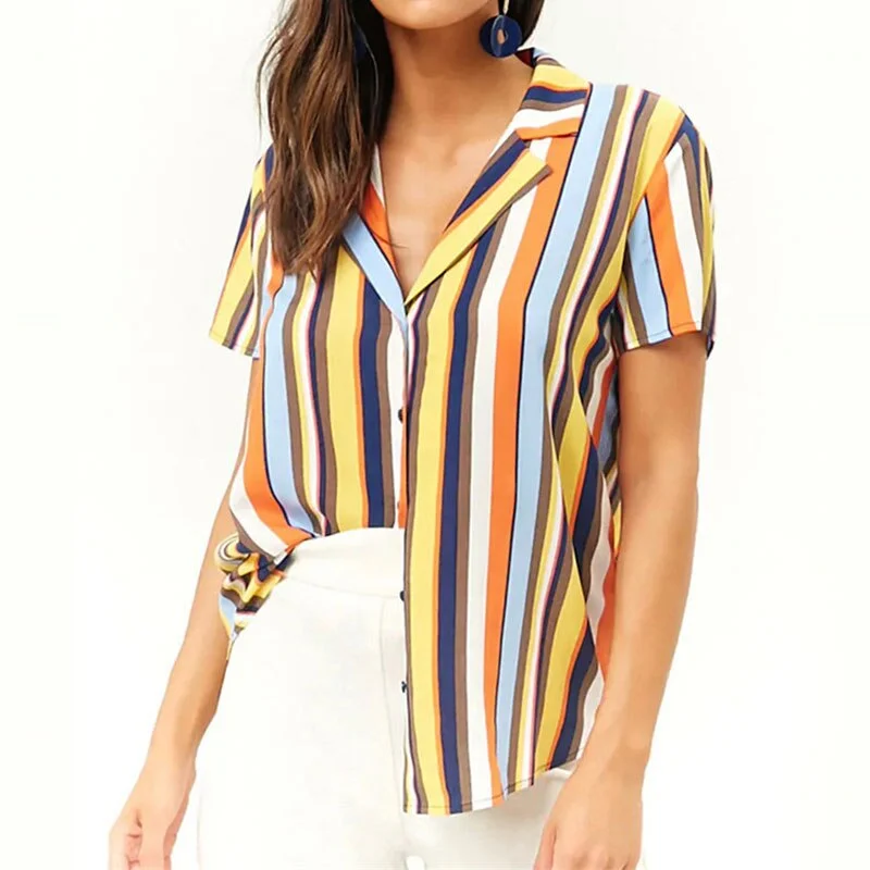 Boat Neck Short Sleeve TopsVintage Short Sleeve Striped Chiffon Shirts Women Casual V-neck Button Colorful Summer Blouses Ladies Fashion Plus Size Shirts