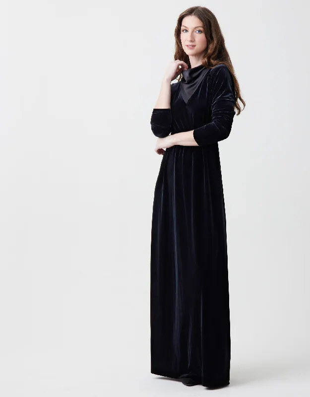 Velvet Maxi Dress Shabbos Robe with Satin Drape Neckline