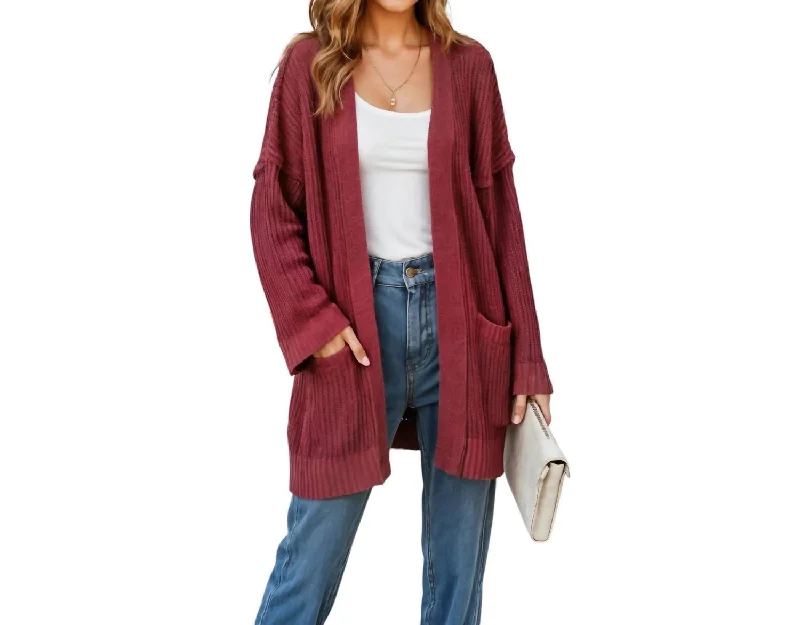 Embroidered cardiganRibbed Open-Front Cardigan With Pockets And Relaxed Fit In Brick