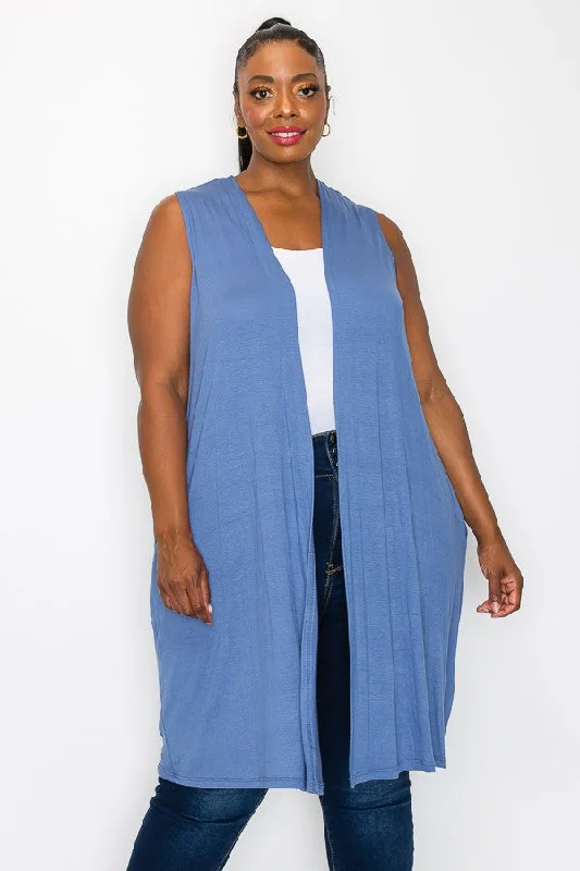 Crewneck cardiganPSFU Blue Sleeveless Cardigan Layering Piece Vest w Pockets