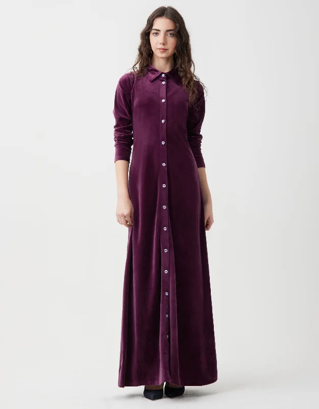 Velour Maxi Dress Shabbos Robe with Collar and Jewel Buttons Violet