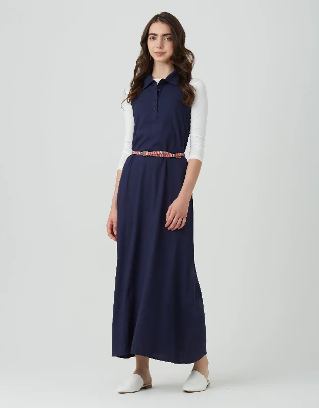 Linen Sleeveless Maxi Dress with Button Placket Navy