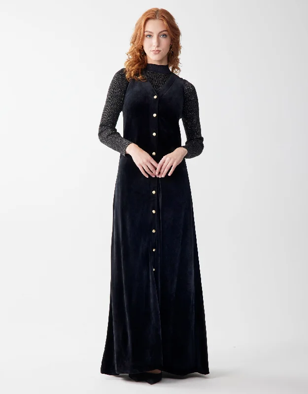 Velour Vneck Sleeveless Maxi Dress Shabbos Robe With Gold Buttons