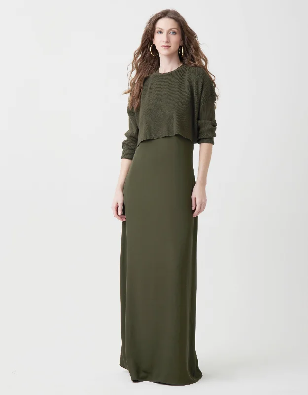 Lined Satin Sleeveless Maxi Crew Dress Shabbos Robe With Crop Top Olive