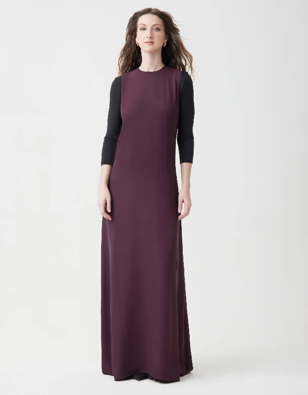 Lined Crepe Sleeveless Maxi Crew Dress Shabbos Robe Plum