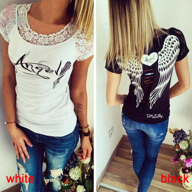 Crewneck Short Sleeve TopsTrending Design  Summer Wear Slim Style T Shirt - Women Short Sleeves O-neck Tops - Hollow Back Angel Sexy Wings (TB2)