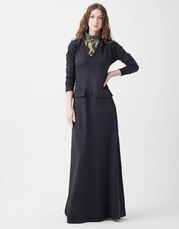 Ponte Maxi Dress Shabbos Robe with Patch Pockets and Lurex Turtle Neck Black/ Gold