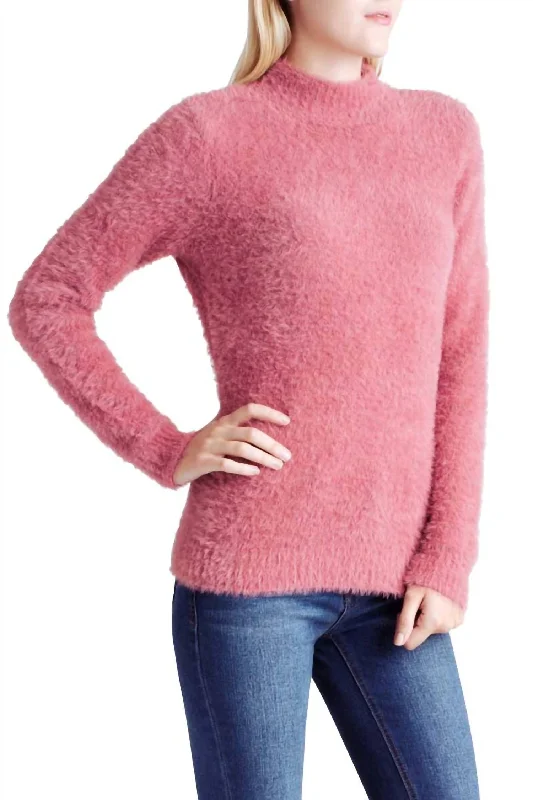 Fur Yarn Long Sleeve Mock Neck Sweater In PinkAsymmetrical Knit Tops