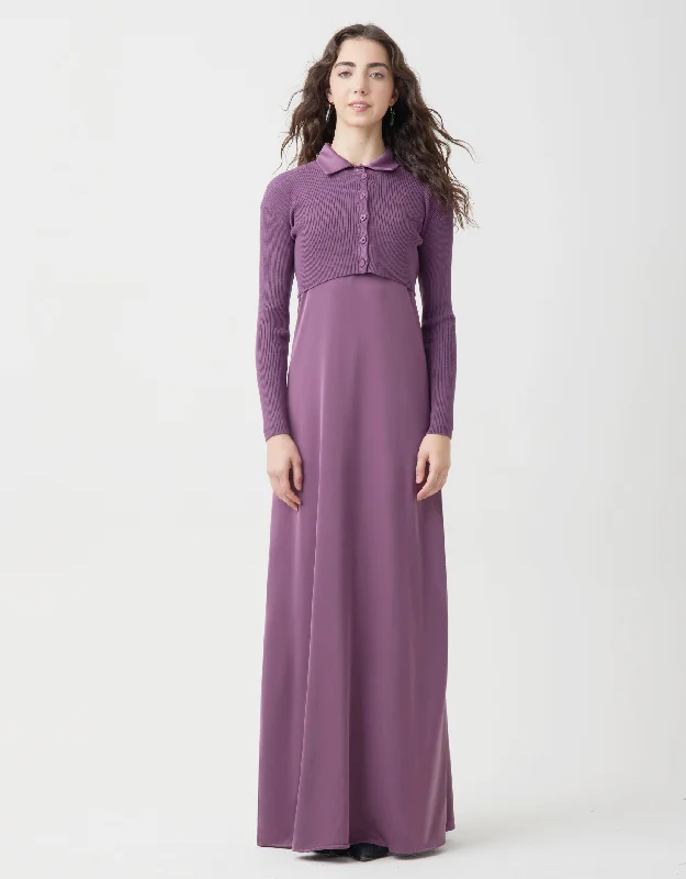 Lined Satin Sleeveless Maxi Shirt Dress Shabbos Robe With Ribbed Cardi Lavender