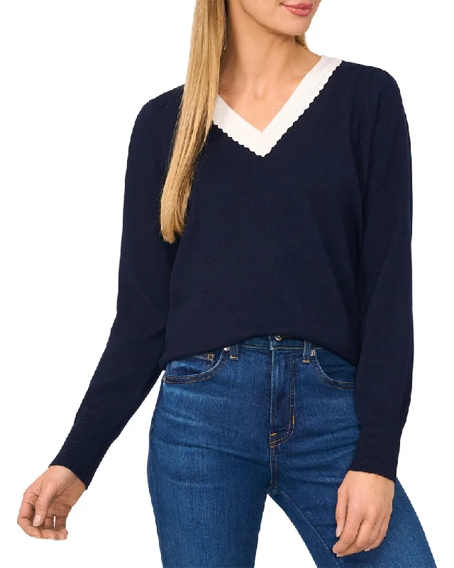 CeCe Deep V Contrast Trim SweaterAsymmetrical Knit Tops