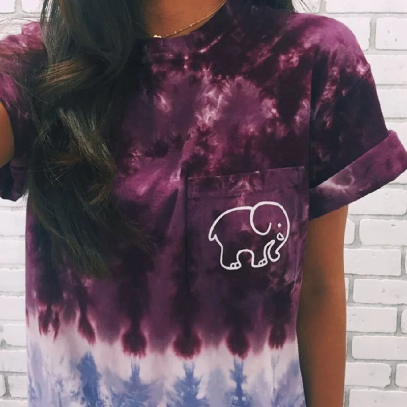 Minimalist Short Sleeve TopsCasual Elephant Print T-shirts Women O-neck Short Sleeve Pocket Loose Summer Tees Plus Size Female Vogue Colorful Wild Tops New